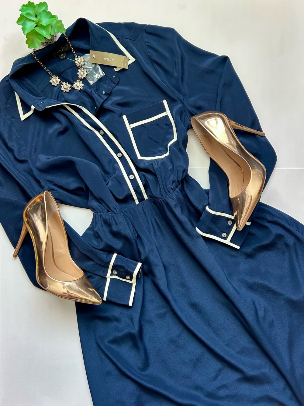 J Crew A-line Silk Shirt-Dress Navy Blue Size 14 NWT - Picture 2 of 11